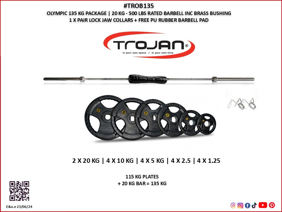 Olympic 135 Kg Pack | 20 Kg Olympic 7' 20 Kg Barbell & Weights + Pair Collars PU Rubber Barbell Pad